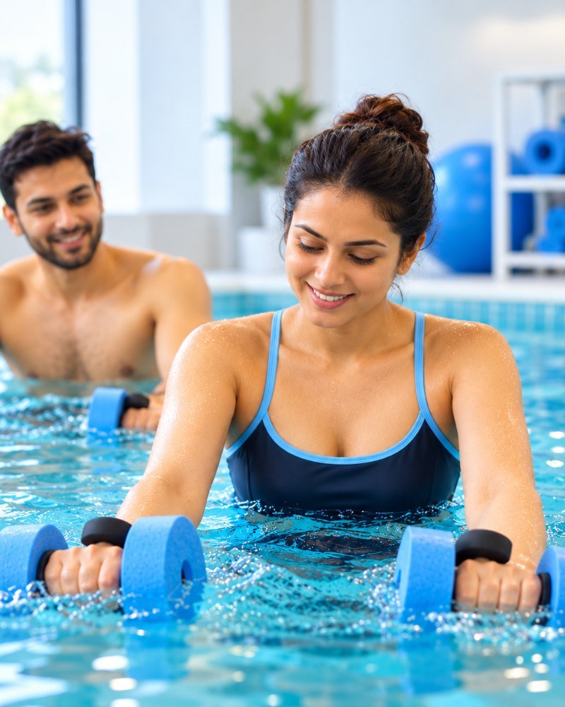 Patients exercising with aquatic dumbbells during hydrotherapy in a warm indoor pool
