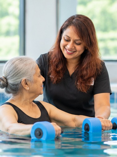 Dr. Michelle D'Souza guiding an older patient through aquatic therapy exercises with water dumbbells in the indoor pool