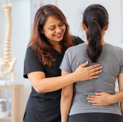 Dr. Michelle D'Souza assessing a patient's posture and lower back during spine care