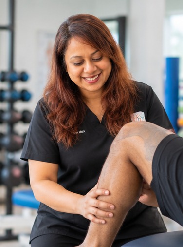 Dr. Michelle D'Souza assessing an athlete's leg during sports injury physiotherapy